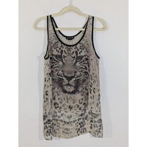 Vintage Sheer High Low Tiger Face Graphic Women's Tank Top Y2K Festival Sz S